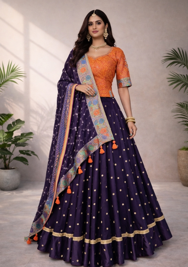 Orange Blue Embroidered Silk Lehenga